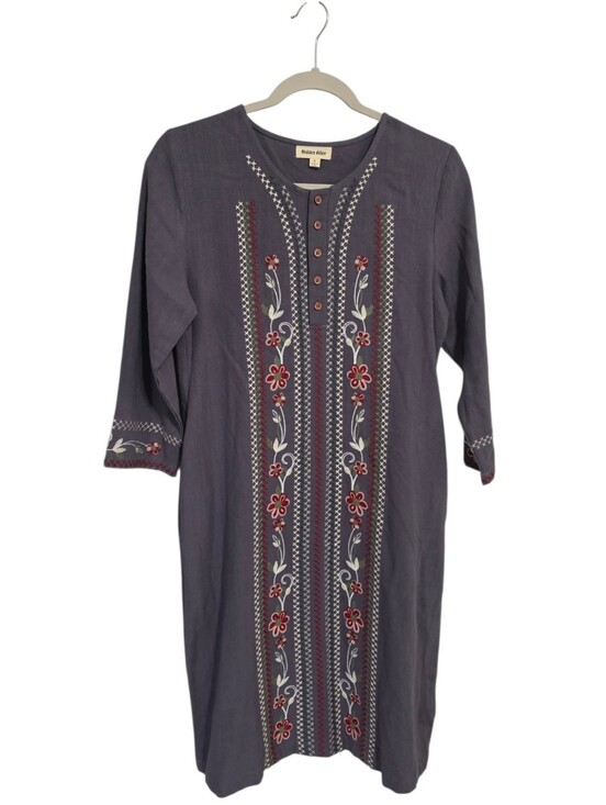 Dresses & Skirts - Hidden Alley Gray Linen Floral Embroidered Midi Dress S Lagenlook Indie Earthy